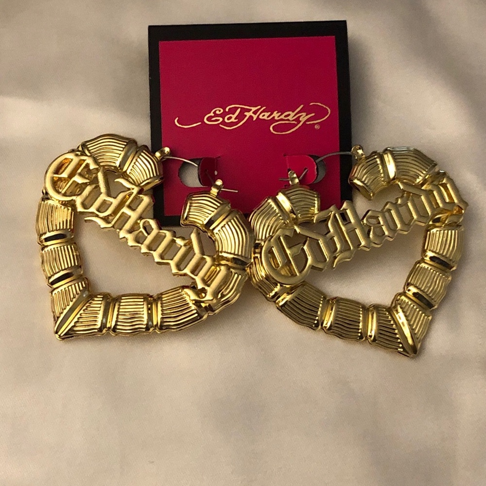 Ed Hardy Gold Tone Bamboo Look Heart Hoop Earrings Retro Logo Script Accent NWT